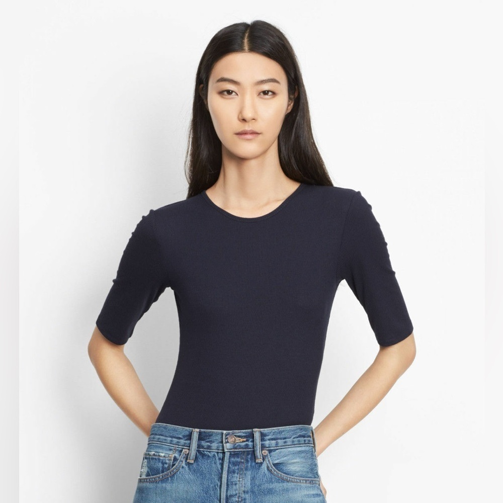 Vince Ribbed Black 3/4 Sleeve Viscose Blend Soft Casual Shirt Neutral Top Small